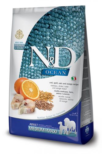 N&D Ocean Σκύλος Adult Medium & Maxi Μπακαλιάρος, Όλυρα, Βρώμη & Πορτοκάλι  2.5 kg