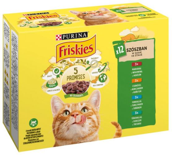 Friskies nedves macskaeledel szószban - marhával, csirkével, tonhallal, tőkehallal 12 x  85 g