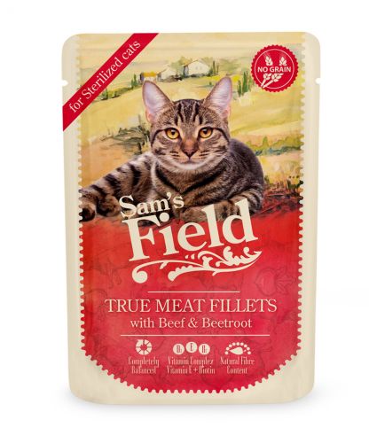 Sam's Field True Meat Filettes για στειρωμένες γάτες - Βοδινό & Παντζάρι σε φακελάκι  85 g