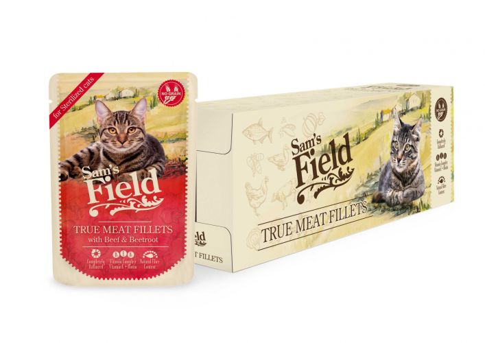 Sam's Field True Meat Filettes για στειρωμένες γάτες - Βοδινό & Παντζάρι σε φακελάκι 24 x  85 g