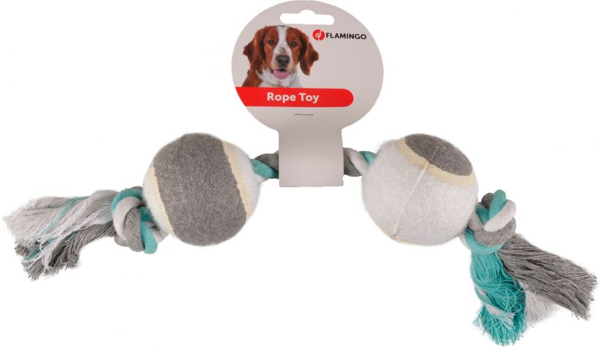 Flamingo Jim Παιχνίδι Σχοινί - μασητικό σχοινί με 2 μπάλες τένις  Menta - 37cm x 6.3 cm