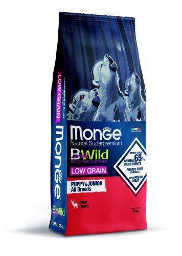 Monge BWild Low Grain Puppy & Junior ξηρή τροφή σκύλου - ελάφι  12 kg