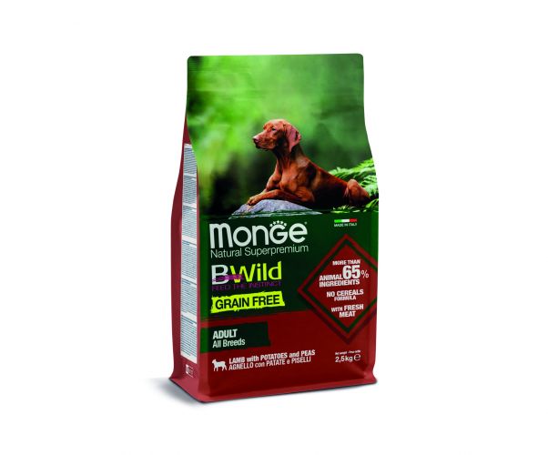 Monge BWild Grain Free All Breeds Adult ξηρή τροφή σκύλου - αρνί, πατάτα, μπιζέλι  2.5 kg