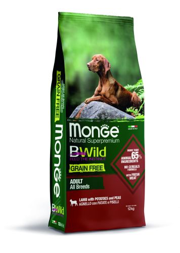 Monge BWild Grain Free All Breeds Adult ξηρή τροφή σκύλου - αρνί, πατάτα, μπιζέλι  12 kg