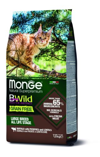 Monge BWild Grain Free ξηρή τροφή για μεγάλες γάτες - βουβάλι, πατάτα, φακή  1.5 kg