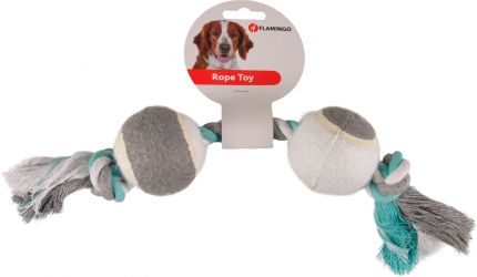 Flamingo Jim Παιχνίδι Σχοινί - μασητικό σχοινί με 2 μπάλες τένις  Menta - 37cm x 6.3 cm