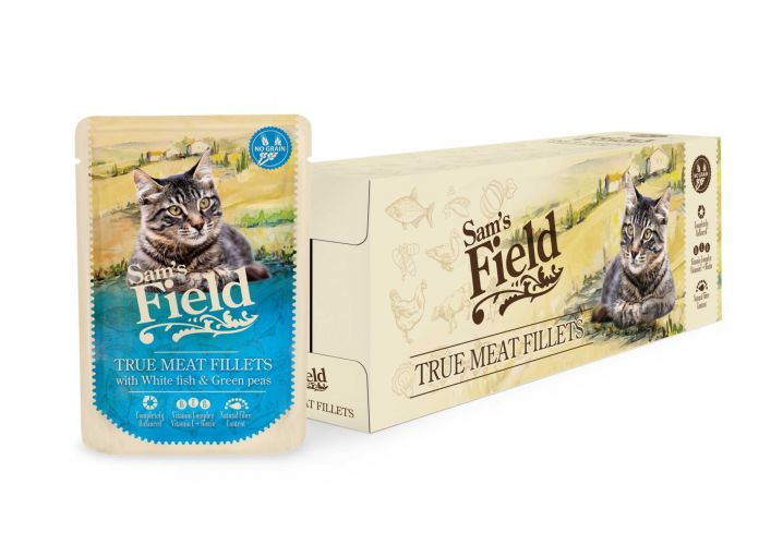 Sam's Field True Meat Filettes - Λευκό ψάρι & Πράσινα μπιζέλια σε φακελάκι 24 x  85 g