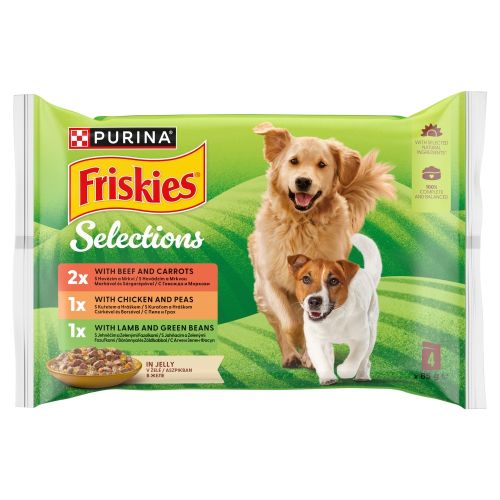 Friskies Selections - nedves eledel válogatás marhával és sárgarépával, csirkével és borsóval, báránnyal és zöldbabbal aszpikban 4 x  85 g