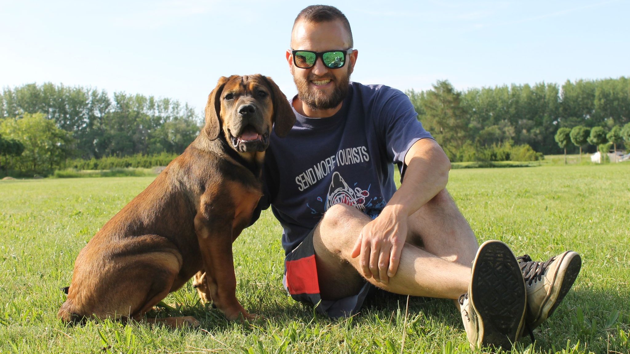 tosa inu gazdájával a fűben